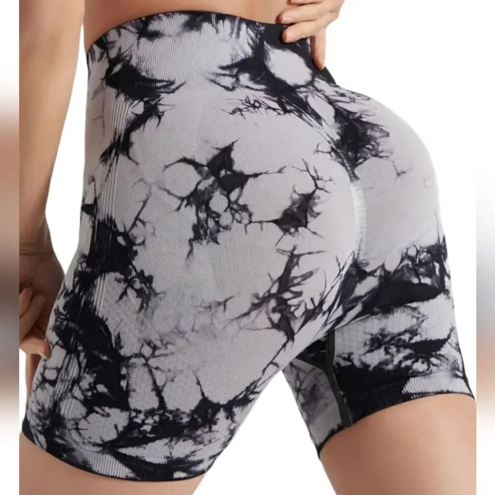 NEW Tie Dye High Waist Scrunch Butt Athletic Gym Shorts in Gray
